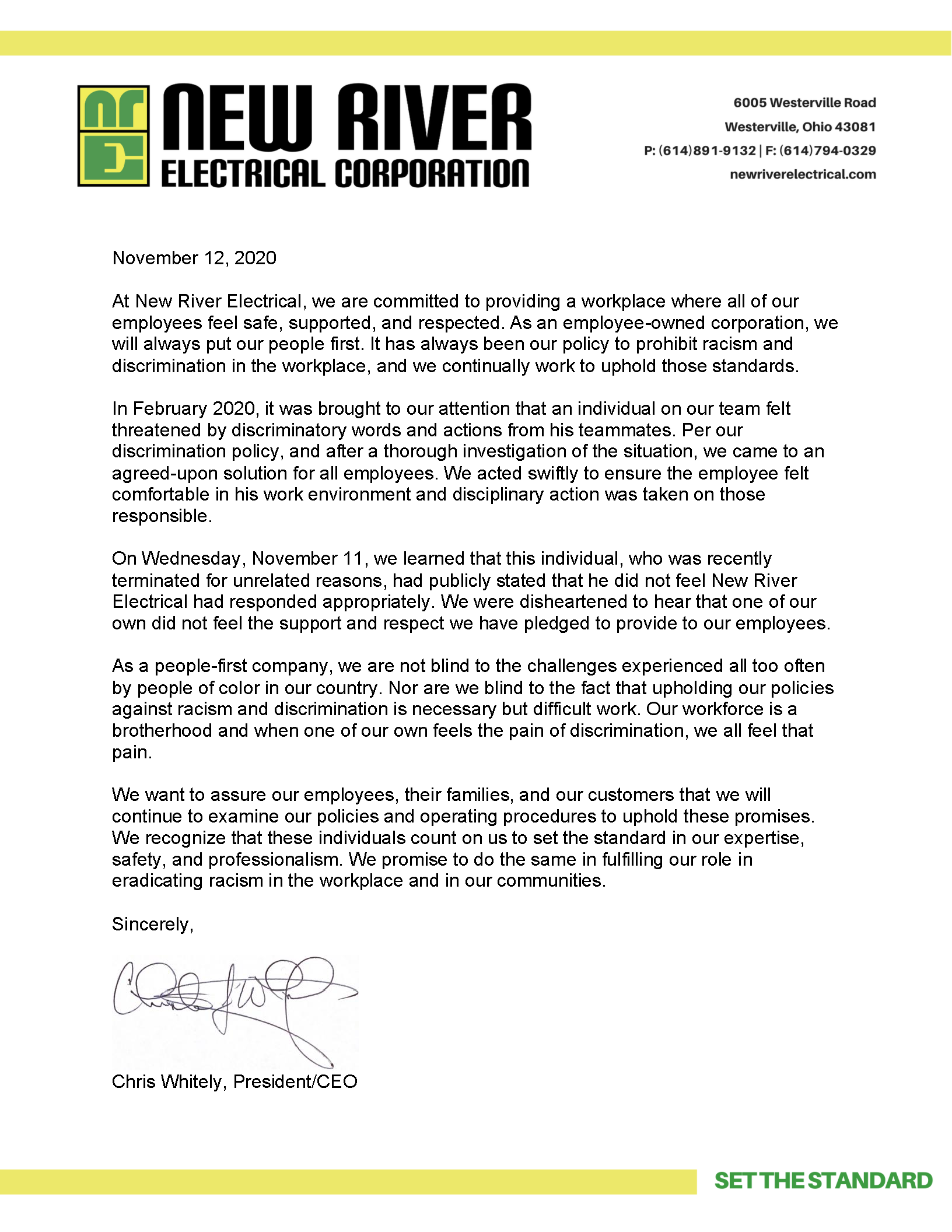 A statement from the New River Electrical Board of Directors from November 12, 2020 about an employee termination.