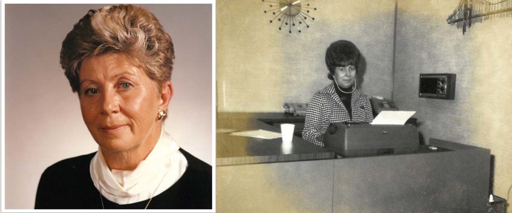 New River's first female employee Dianne Sink sitting at a desk and a headshot.