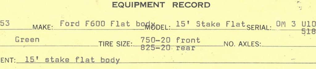 A piece of a equipment record slip detailing New River Electrical's first truck purchase.