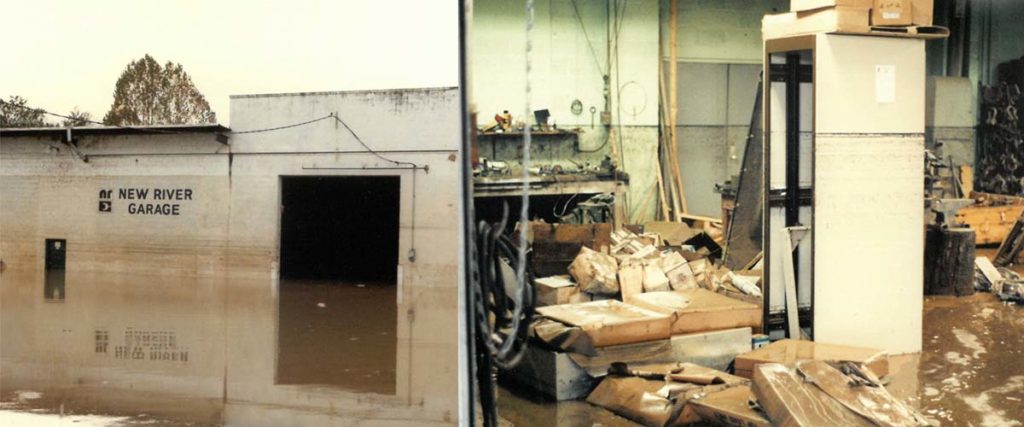 Photos from the 1985 Roanoke flood inside of New Rivers garage.