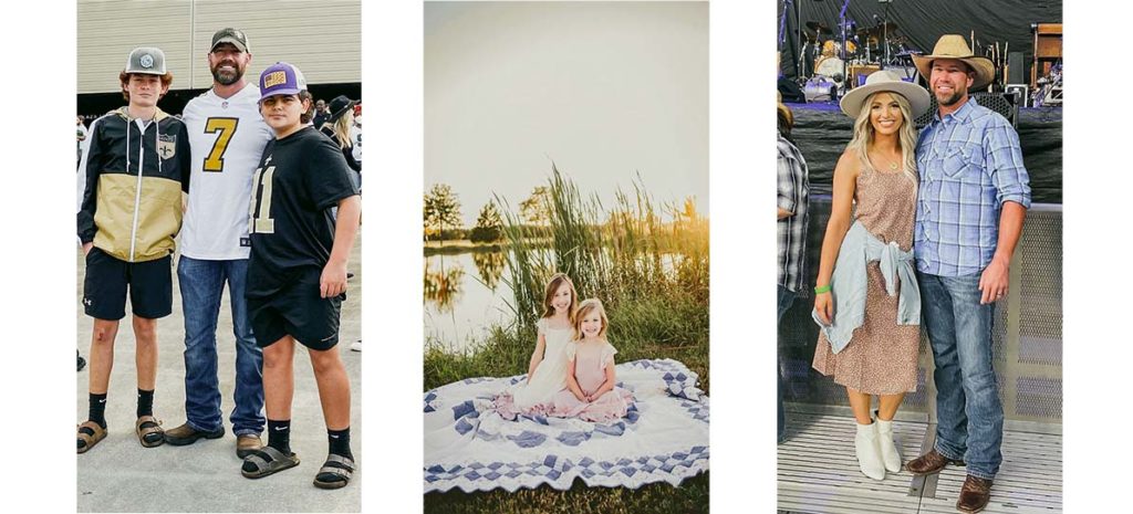 Three images of Jason Hurley and his sons, daughters, and wife. 