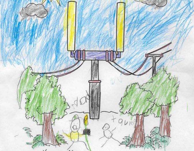 A child's artwork of NRE workers on a job site