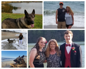 A collage of Angelia Stanley with her family and dog