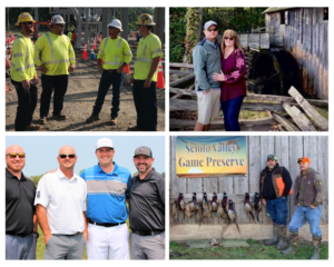 Top left: Four construction workers in high visibility clothing having a discussion on a work site.Top right: A couple embracing each other standing in front of a wooden waterwheel structure.Bottom left: Four men smiling at a golf course, dressed in golf attire. Bottom right: Three hunters in front of a sign reading 'Scioto Valley Game Preserve' with a display of game birds in front.